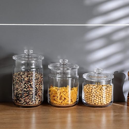 Miniatura 2 de G Juego de 3 tarros de vidrio con tapas para encimera de cocina, juego de 3 recipientes soplados a mano para dulces, galletas, buffet, azúcar, para