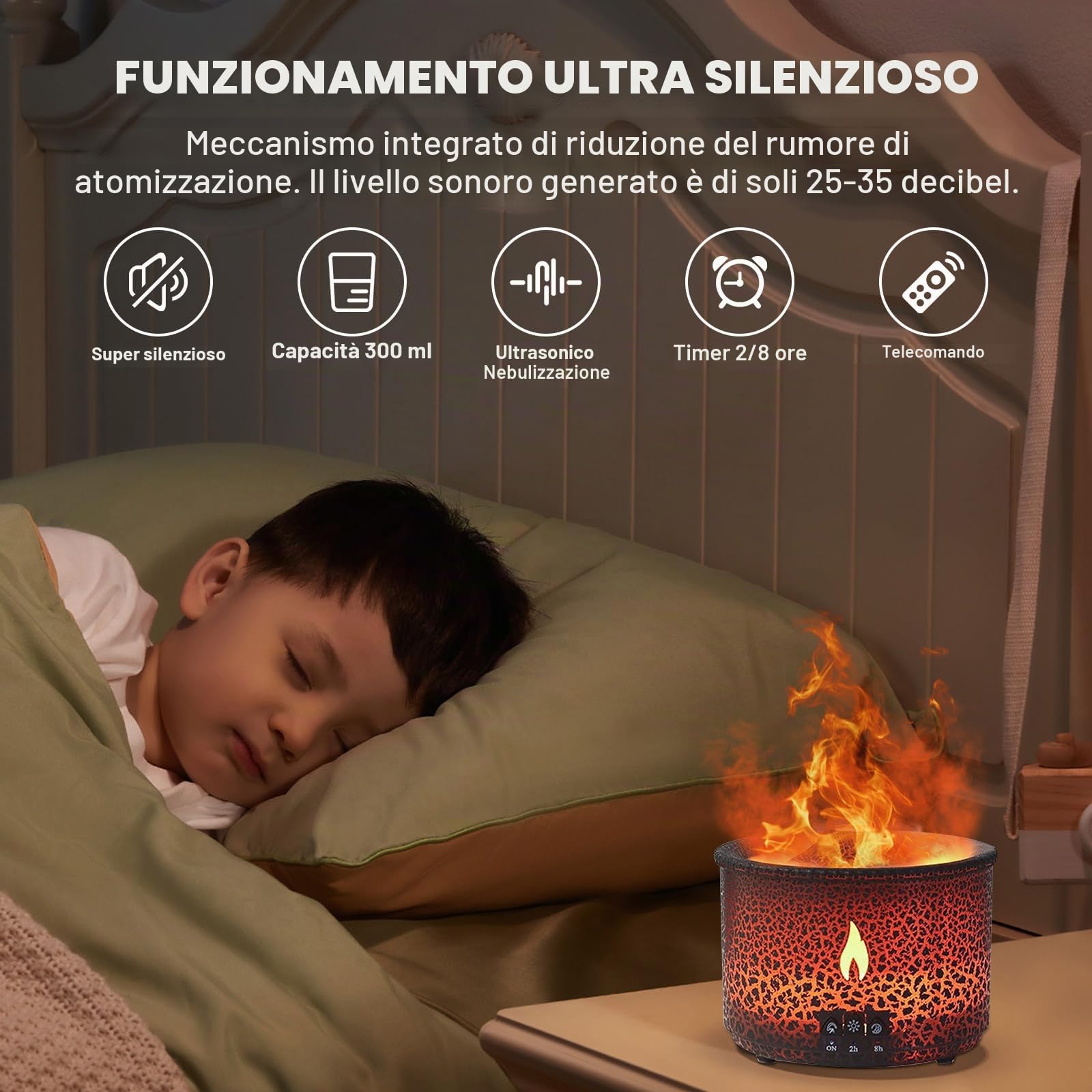 Umidificatore Vulcanico Diffusore Aromi Fiamma: Diffusore di Profumo di Olio Essenziale a Ultrasuoni con Capacità di 360 ml, 2-In-1 con Funzione Timer per Camera da Letto e Home Office
