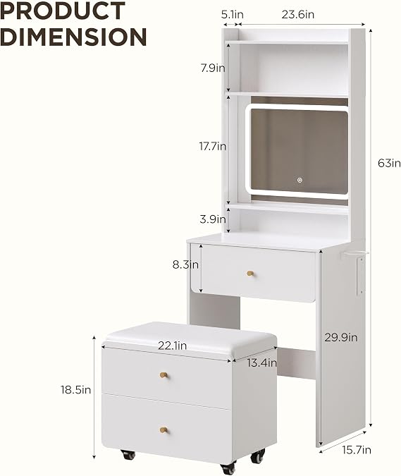 Fameill Women White Vanity Desk,23.6 Small Vanity Desk with Mirror and Lights,3 Color Modes & Adjustable Brightness,Compact Dressing Table Set with Storage Chair