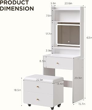 Fameill Women White Vanity Desk,23.6 Small Vanity Desk with Mirror and Lights,3 Color Modes & Adjustable Brightness,Compact Dressing Table Set with Storage Chair