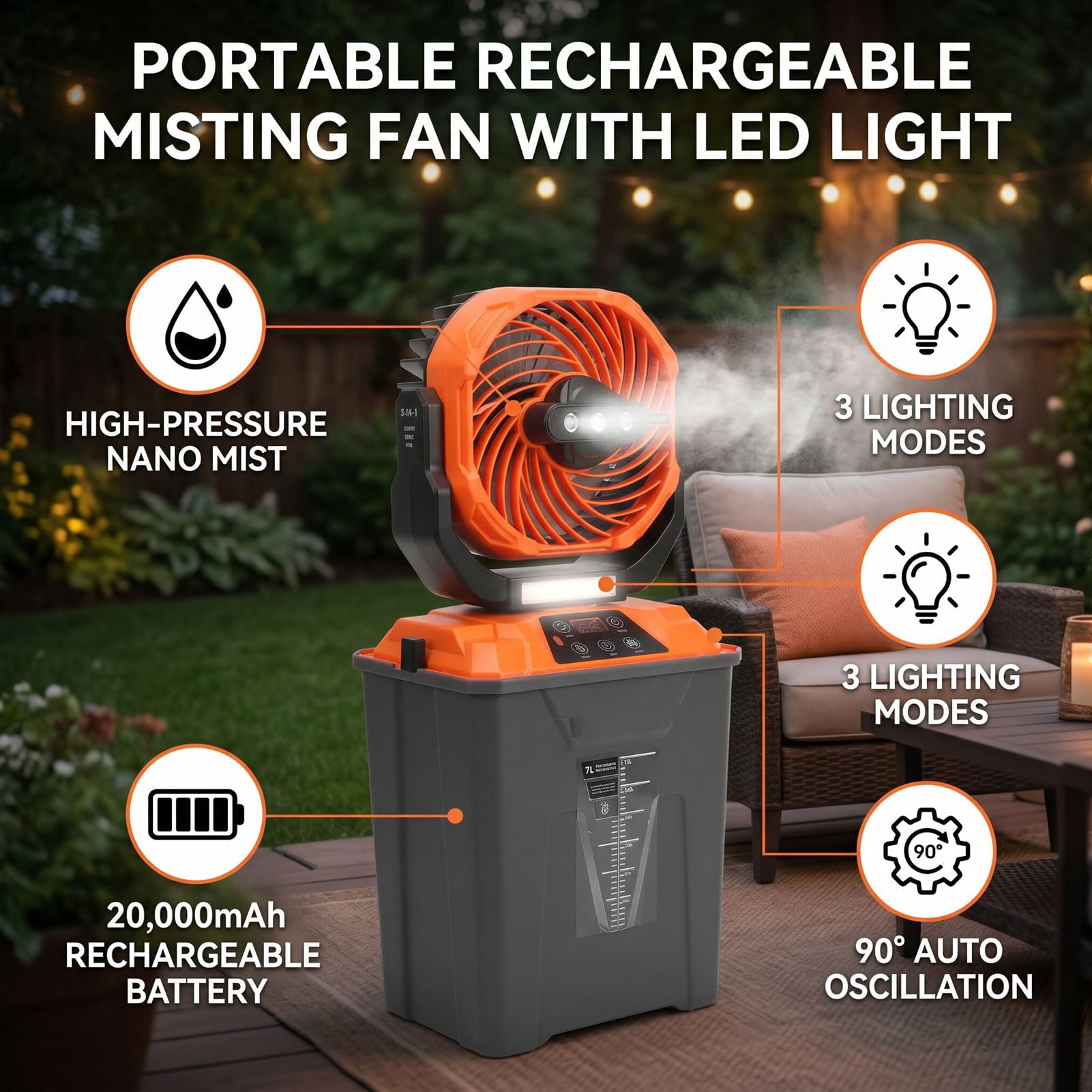 Ventilateur Brumisateur Portable, Ventilateur Oscillant Rechargeable 20000 MAh, 5 Vitesses, 4 Niveaux de Brumisation, Réservoir D Eau 7 L for Extérieur et Camping (ORANGE)