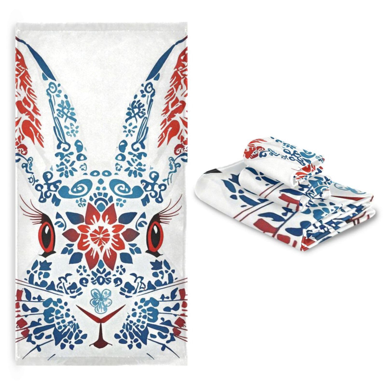 Set di 3 asciugamani per il viso con coniglietto rosso e blu, 1 asciugamano da bagno, 1 asciugamano per le mani, 1 panno per la casa, cucina, hotel, palestra, nuoto, spa