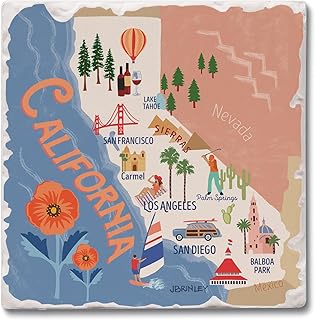 Thirstystone California Attractions 4 Pack Tumbled Tile Stone Coasters with Protective Cork Backing 4" Square Manufactured in The USA