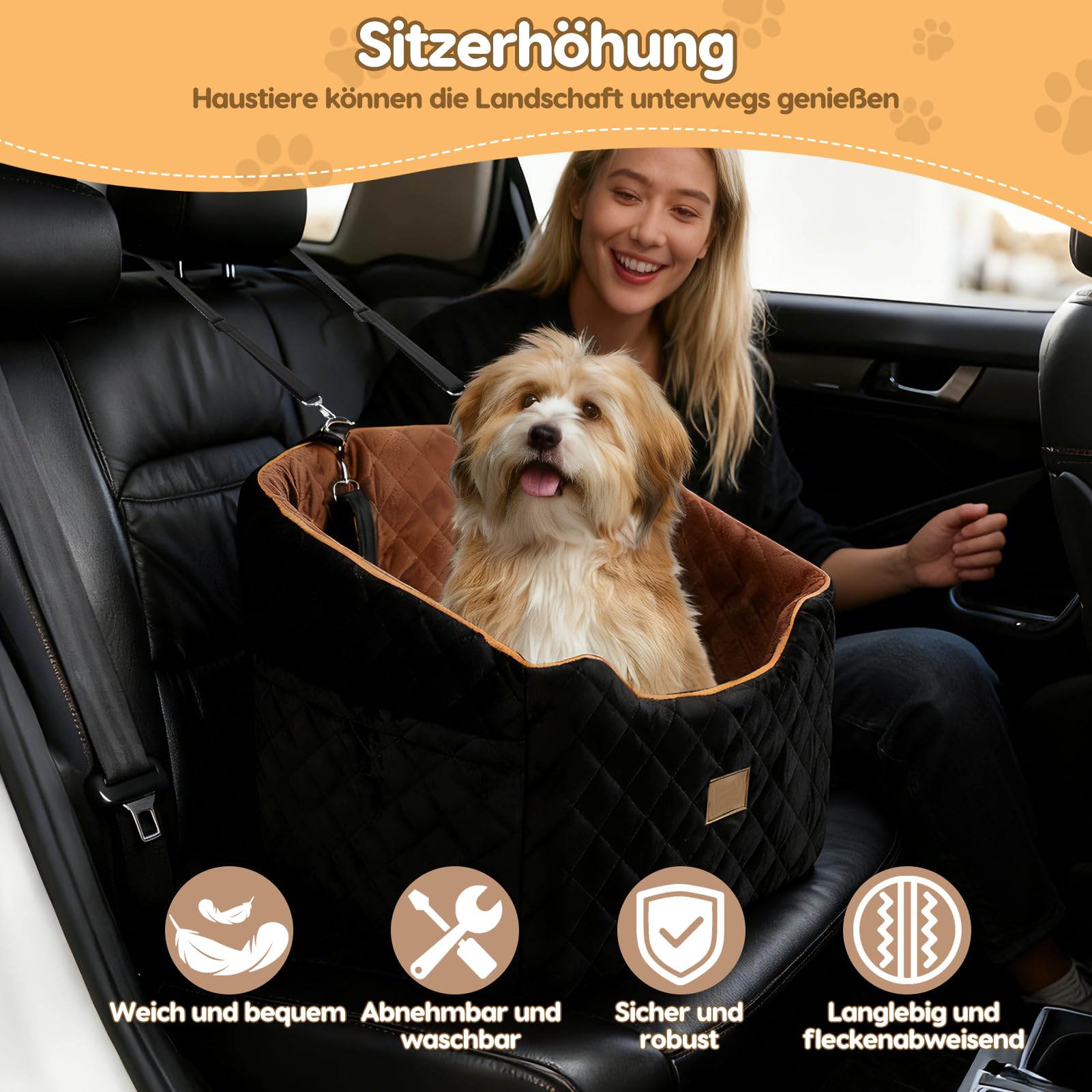 Asiento de coche para perros – Asiento para perros extraíble y lavable con base antideslizante y bolsillos laterales para coche, viajes de camping, para perros pequeños/medianos de hasta 35 libras L
