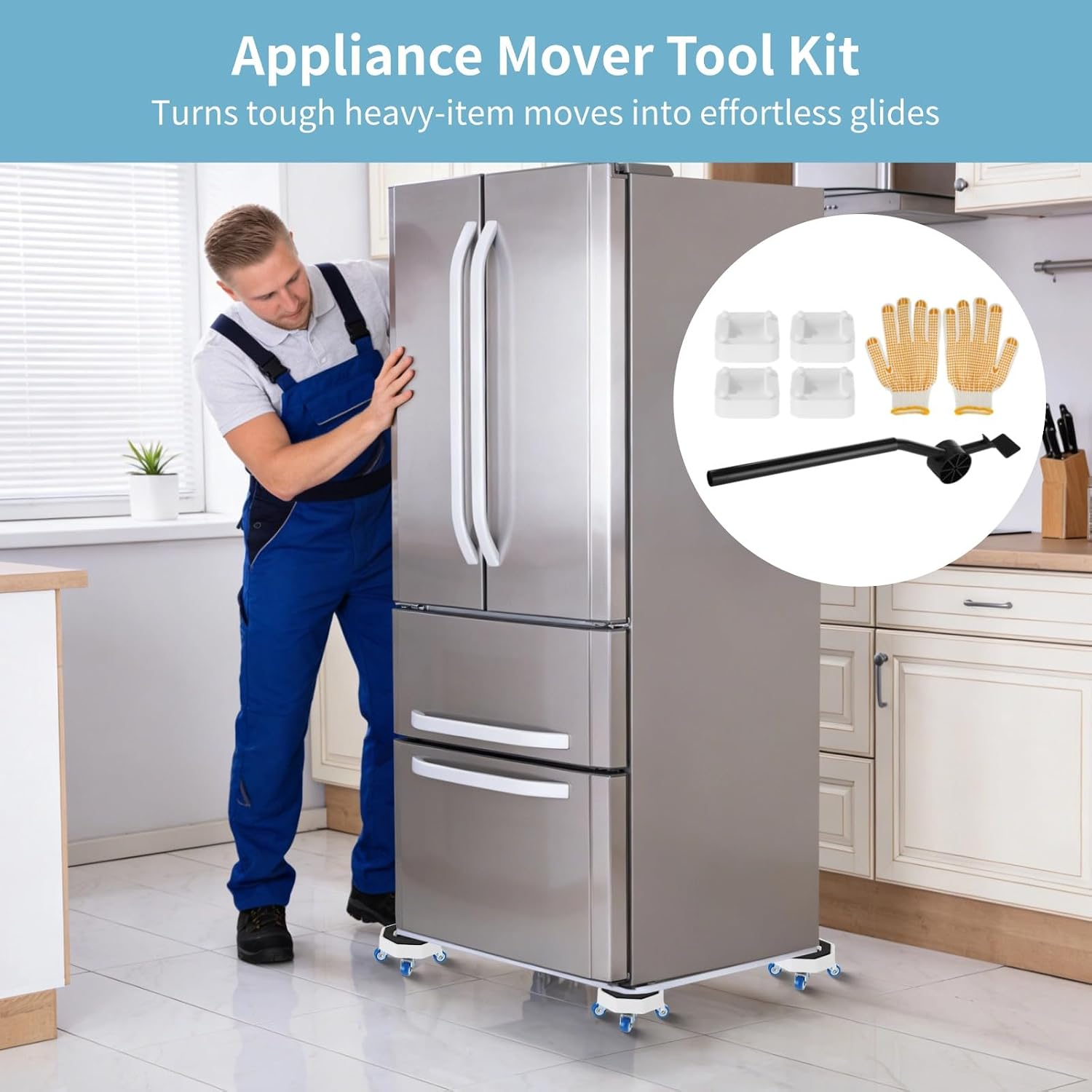 11 Pcs Appliance Mover Tool Kit, Includes 21.7in Carbon Steel Pry Bar, Dolly Sliders with 360° Rotation Silent Wheels, Height-Increasing Pads, Anti-Slip Gloves, for Washing Machines and Refrigerators