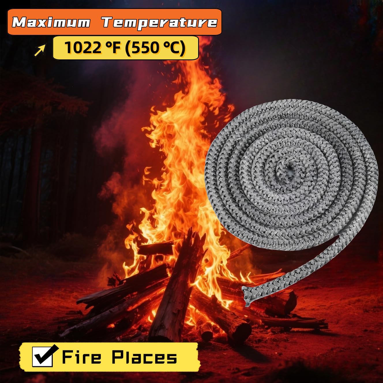 Wood Stove Gasket, 5/16"x 118" Graphite Fiberglass 1022℉(550℃) High-Temperature Resistance Round Seal Rope Replacement for Stove or Woodburning Stoves Fireplace Doors