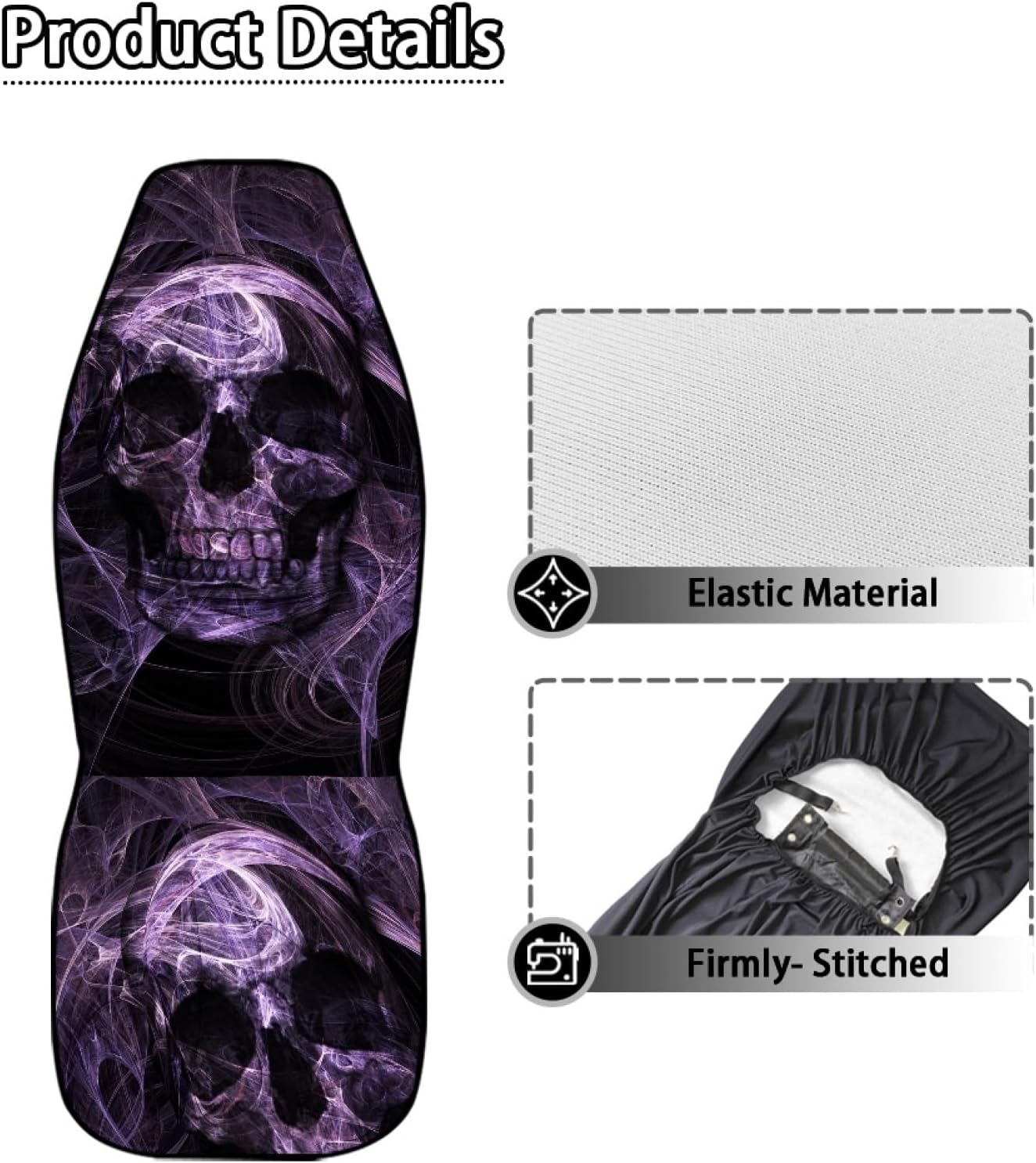 Amzbeauty Purple Skull Printed Front Seat Cover 2 Pcs, Universal Vehicle Seat Protector Mat Covers, Fit Most Cars, Sedan, SUV, Van Truck