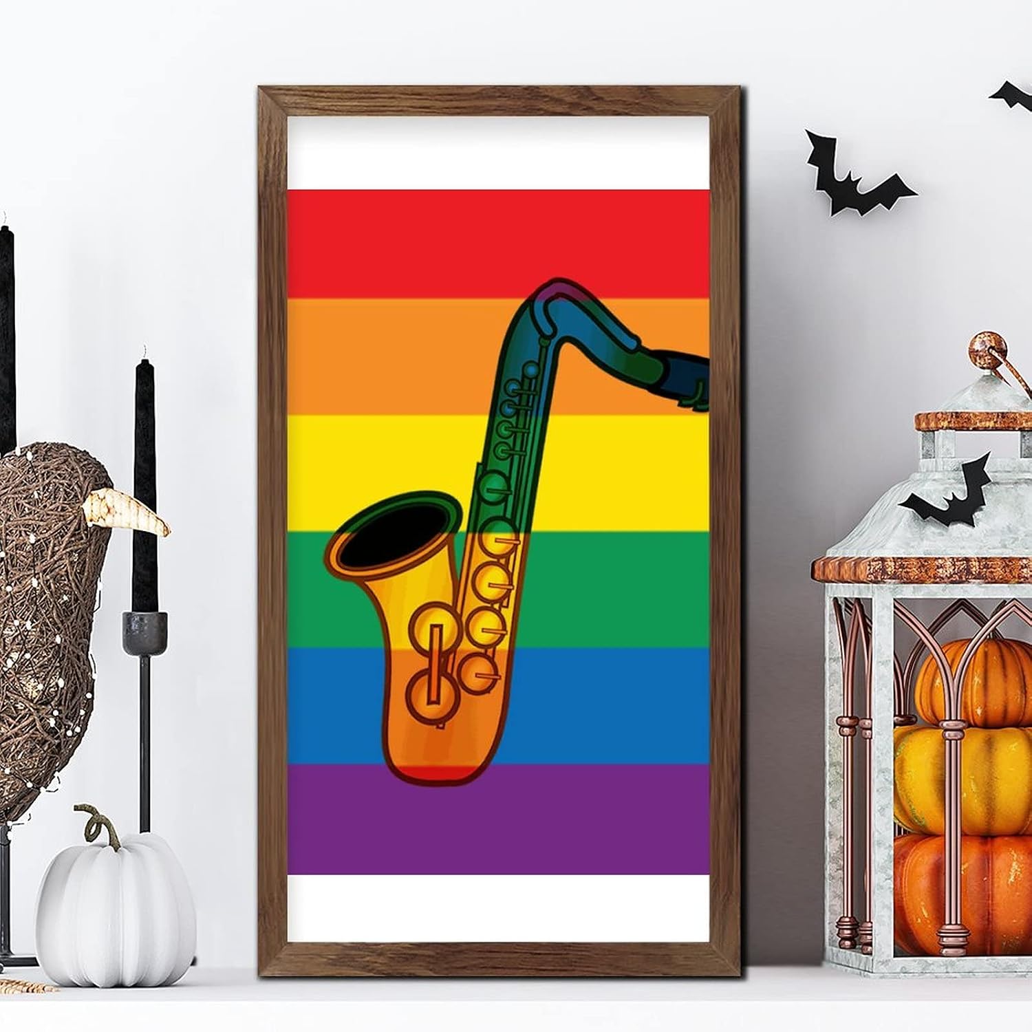 LGBT Pride Wood Framed Signs Rainbow Saxophone Hanging Wall Art Sign Farmhouse Pride Bisexual Home Wall Decoration for LGBTQ Gay Lesbian Pride 22x12 in