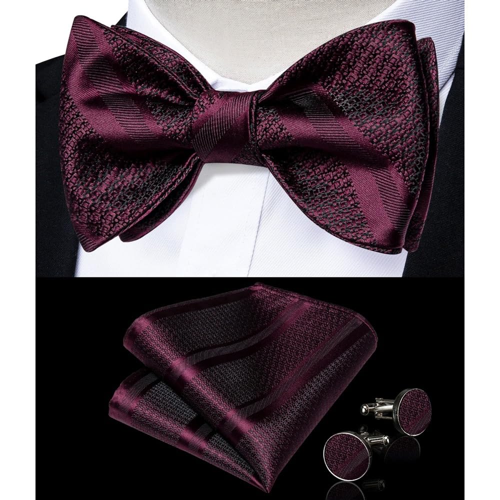 JFDBGU Bowties for Man Official Wedding Party Burgundy Men's Bow Ties Hanky Cufflins Set Silk Gift