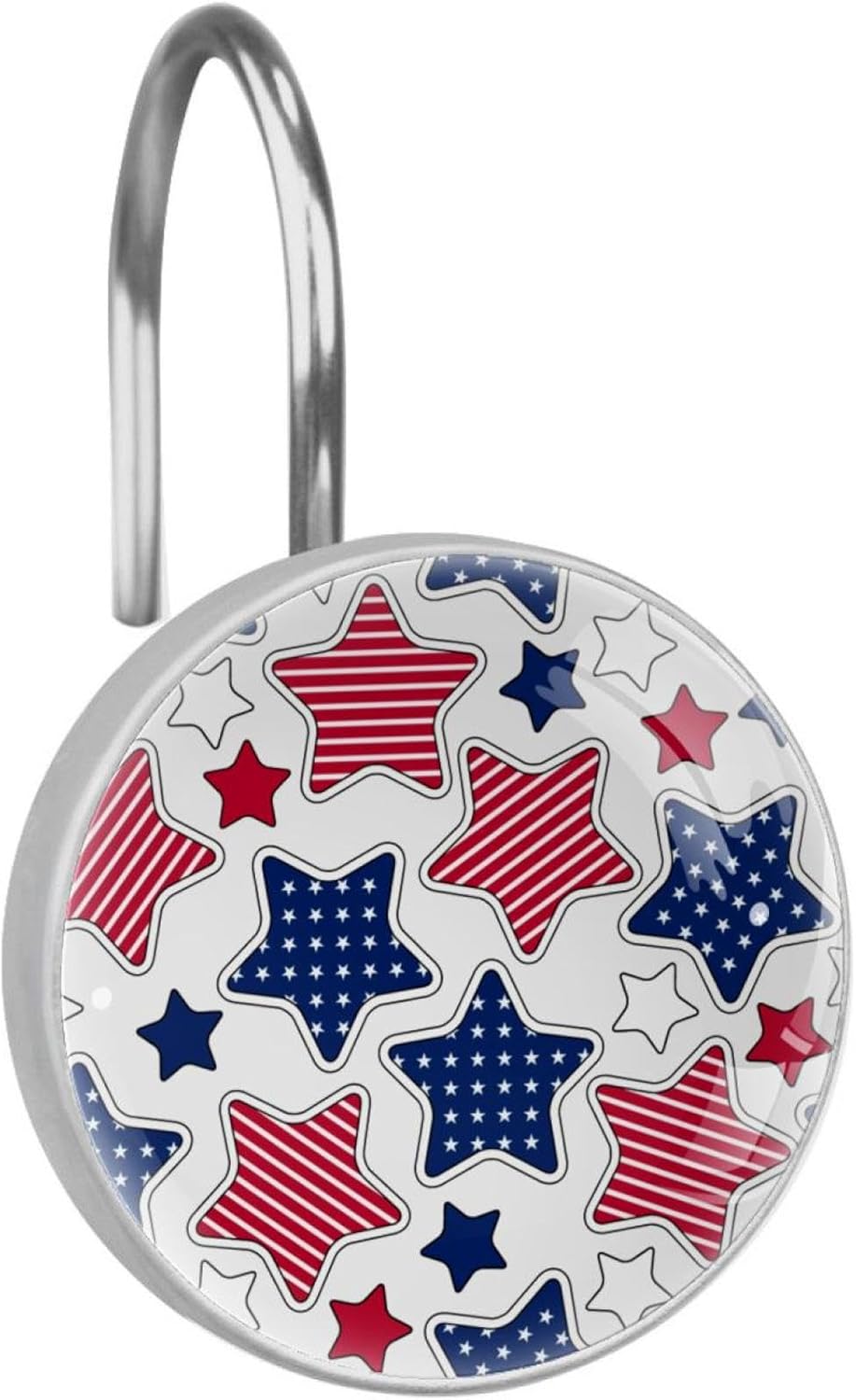 Independence Day Shower Curtain Hooks - Patriotic Red White Blue Star Stripe Design - Set of 12 Rustproof Decorative Rings for Bathroom Decor