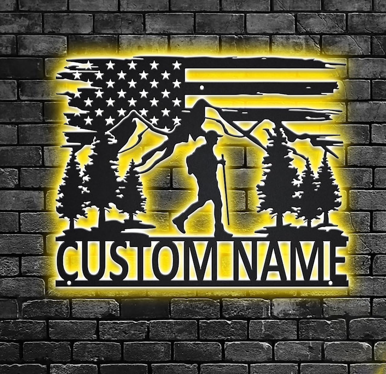 Hiking Mountain Metal Sign, Personalized Hiker Name LED Decor