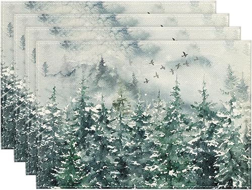 Artoid Mode Green Tree Snow - Juego de 4 manteles individuales de Navidad de 12 x 18 pulgadas para decoración de fiestas, cocina, comedor