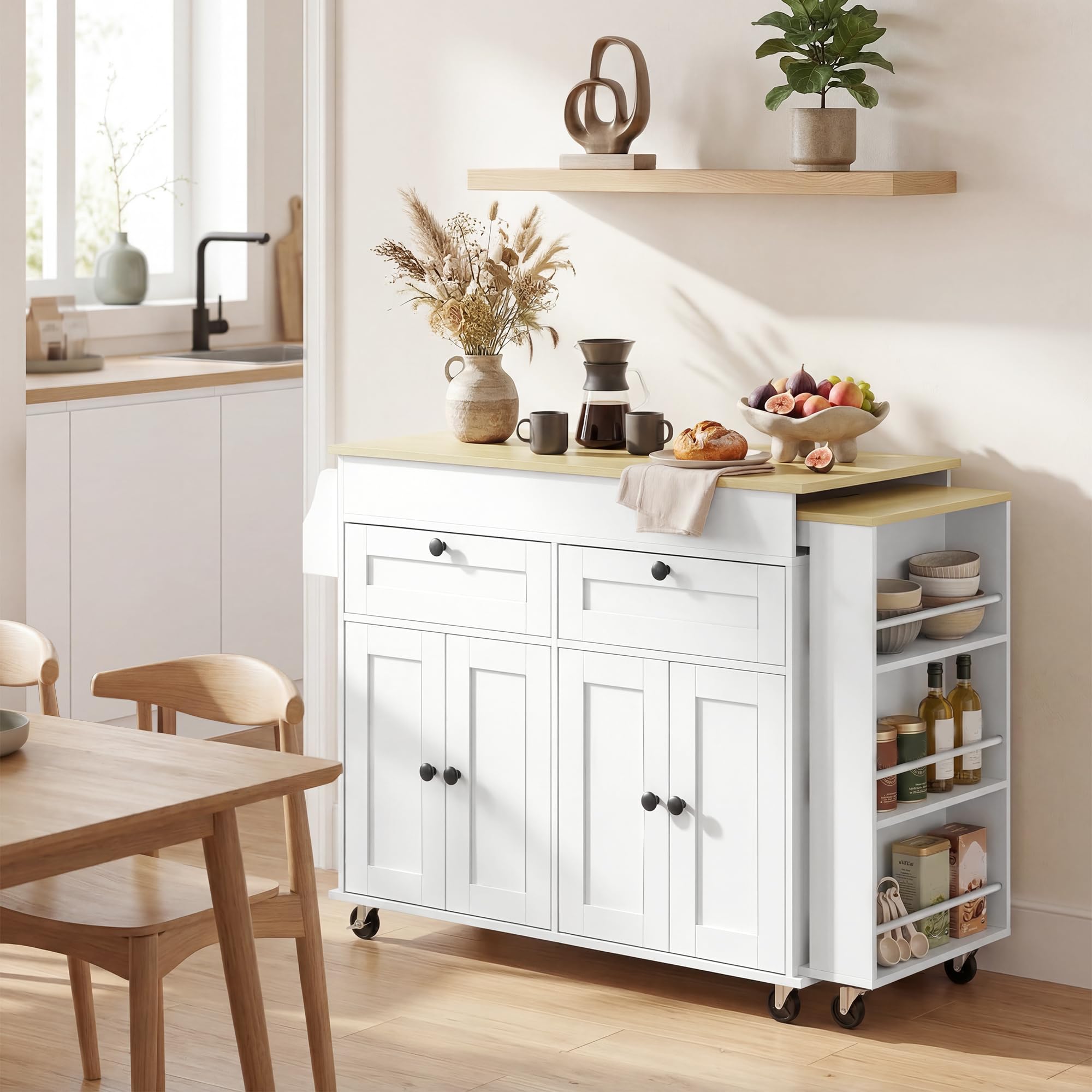 HOMCOM Îlot Central Cuisine avec Plateau Extensible, Desserte de Cuisine sur roulettes avec 2 Tiroirs, 4 Portes, Porte-Serviettes et Porte-Épices, Style Rustique,127,2-189,2 x 50 x 87,8 cm, Blanc