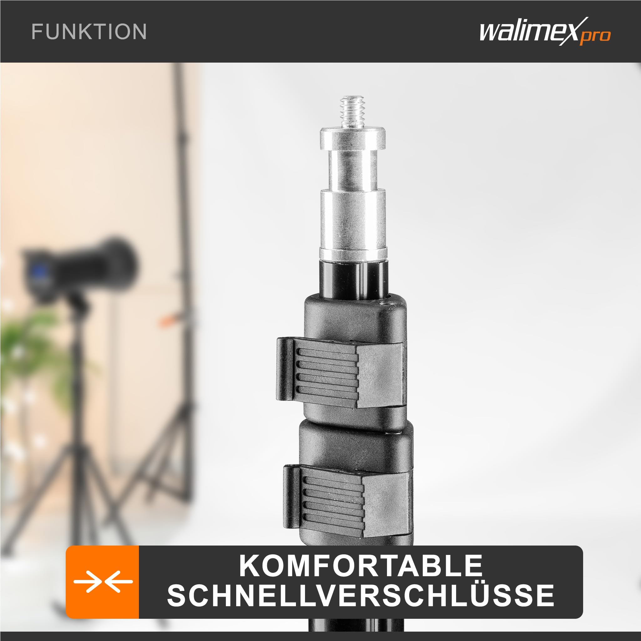 Walimex WT-802 Lampenstativ 108 cm, höhenverstellbares Lichtstativ belastbar bis 2,5 kg, Studiostativ mit 5/8 Zoll Spigot, Blitzstativ mit 1/4 und 3/8 Zoll Gewinde