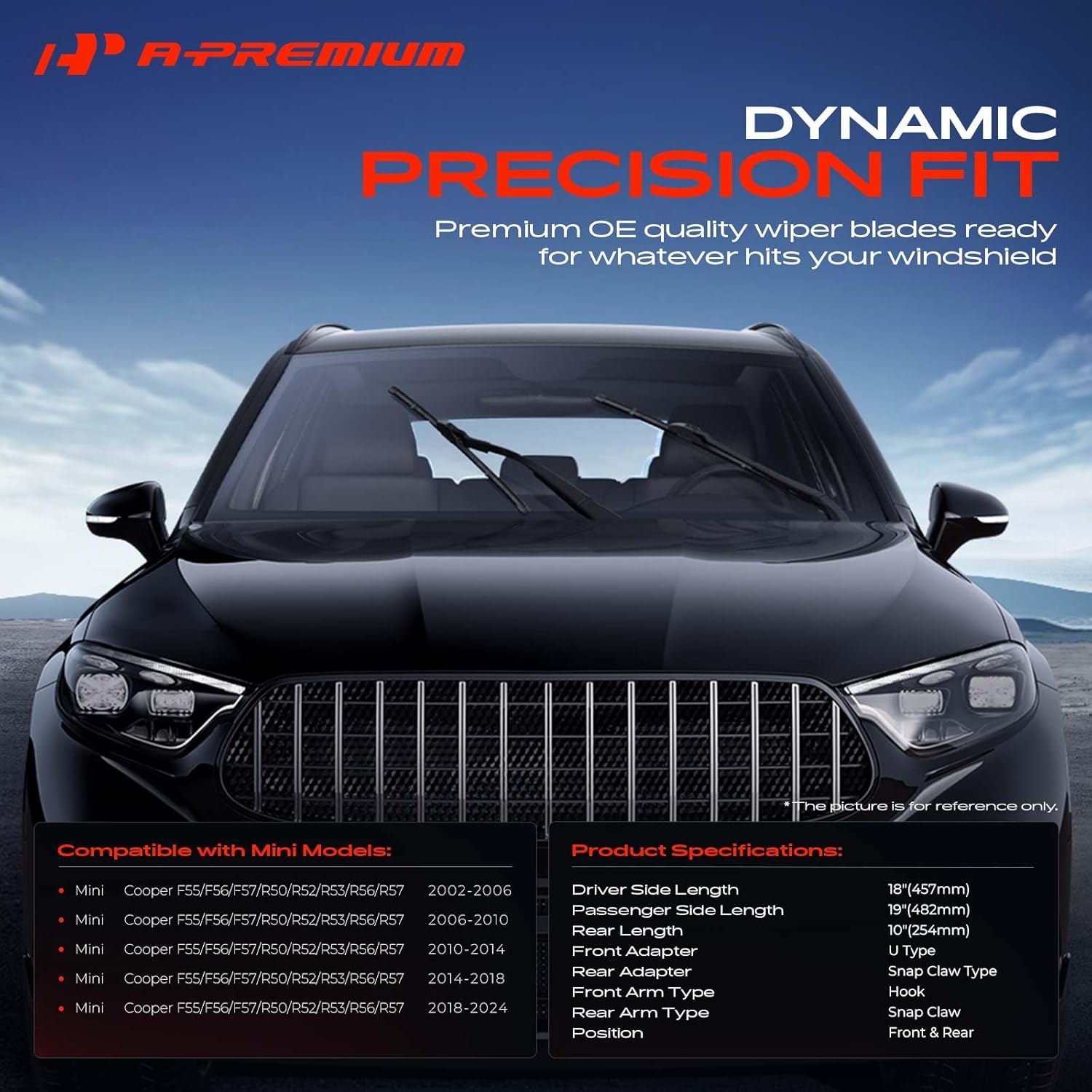 A-Premium 18"+19"+10" Windshield Wiper Blades Compatible with Mini Cooper 2002-2024 - Front Rear Wipers Blade Set for Hook/Snap Claw Arm Connector, with Wear Indicator & Towel (Pack of 3)