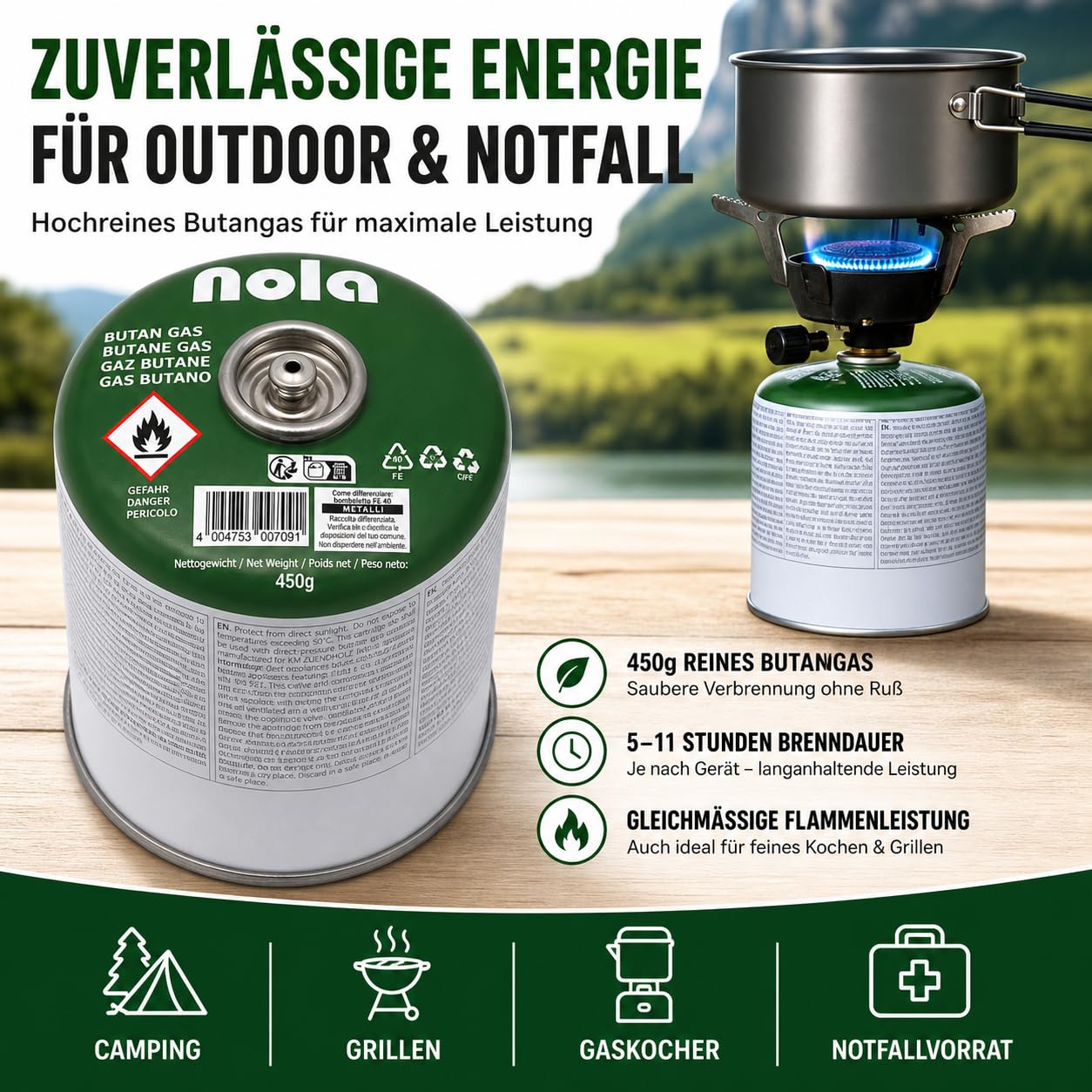 NOLA 4X 450g Gaskartuschen – Propan-/Butangas Schraubkartuschen mit Gewinde 7/16" Gas, Campinggas, für Campingkocher, Gaskocher & Gasgrill – Schraubventil Kartusche Outdoor EN417 Notfall Stromausfall