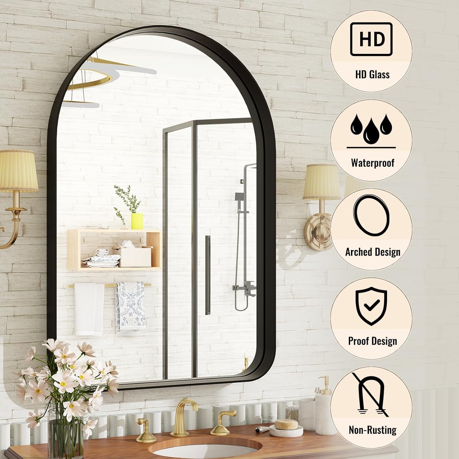 36"x24" Arched Bathroom Mirror - Modern Black Mirror for Wall with Rounded Corners, Bathroom Mirror for Vanity, Aluminum Alloy Framed Mirror - for Living Room, Bedroom, Cloakroom