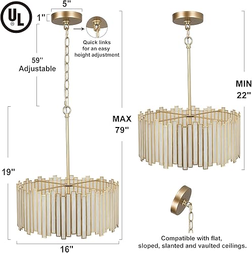 Miniatura 7 de Durent Lighting Candelabro de tambor dorado de 4 luces moderno con pantalla de vidrio Tiffany, lámpara colgante de techo redonda de 16 pulgadas para
