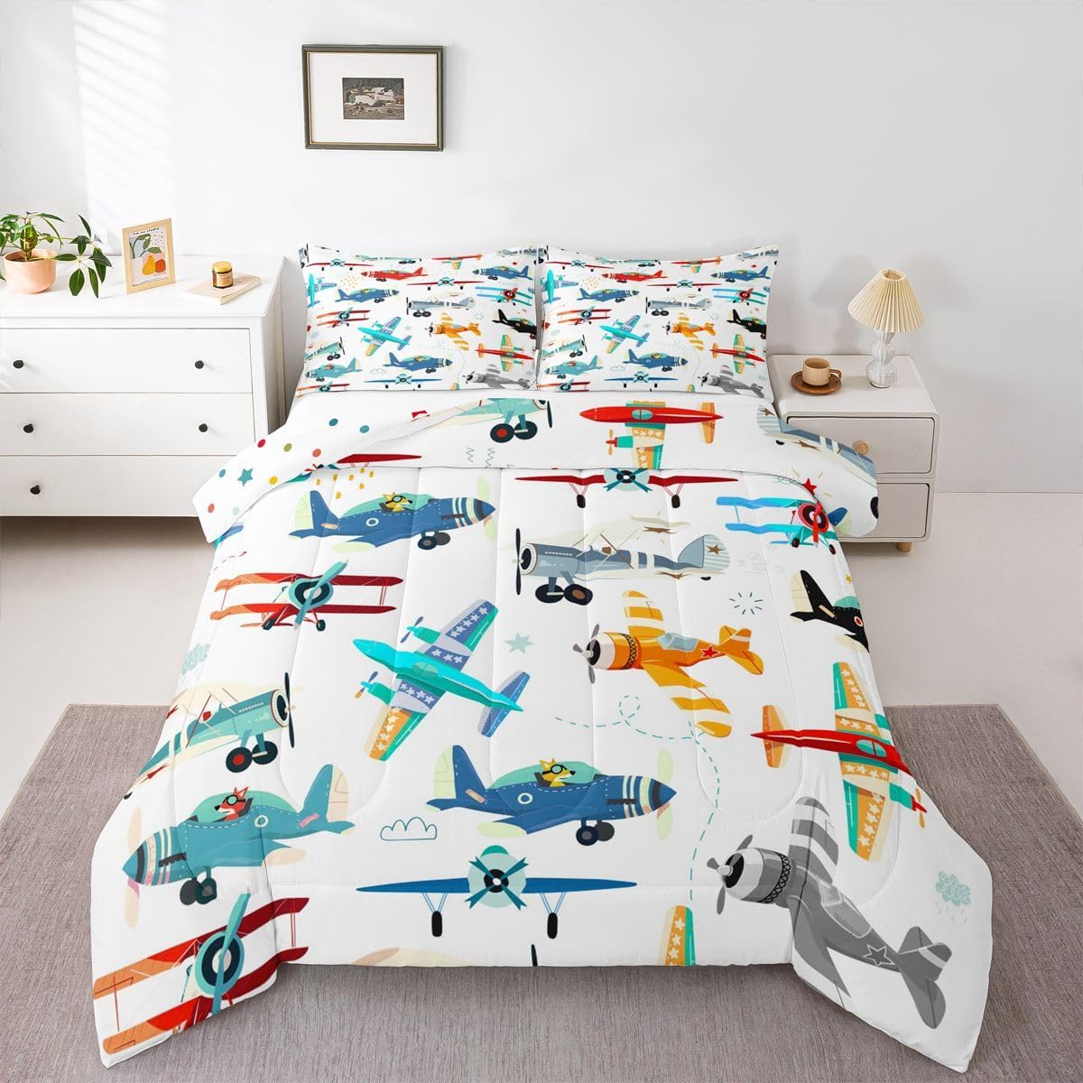 jejeloiu Aircraft Comforter Set Twin Size Cartoon Airplane Print Bedding Set for Kids Boys Girls Helicopter Flying Plane Duvet Quilt Travel Decor Bedroom Decor Microfiber 2 Pcs with 1 Pillow Cases