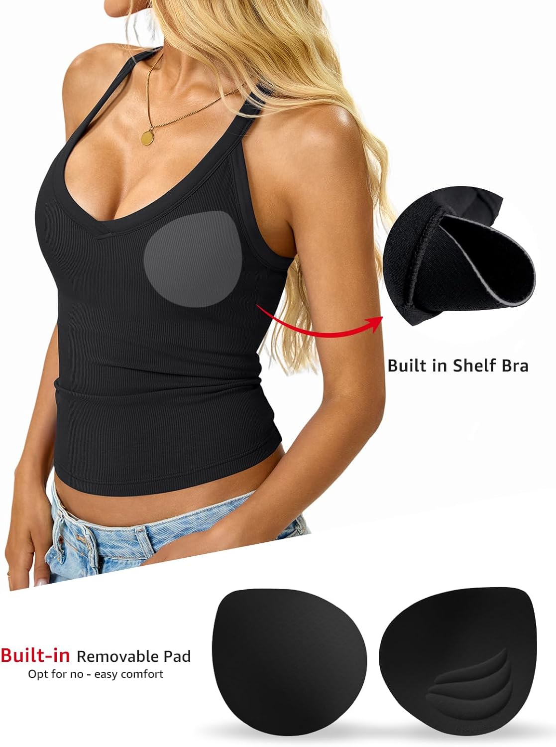 Womens Built in Shelf Bra Racerback Tank Tops Padded Ribbed Halter Strap T Shirts Slim Fitted Sexy V Neck Tee - Image 3