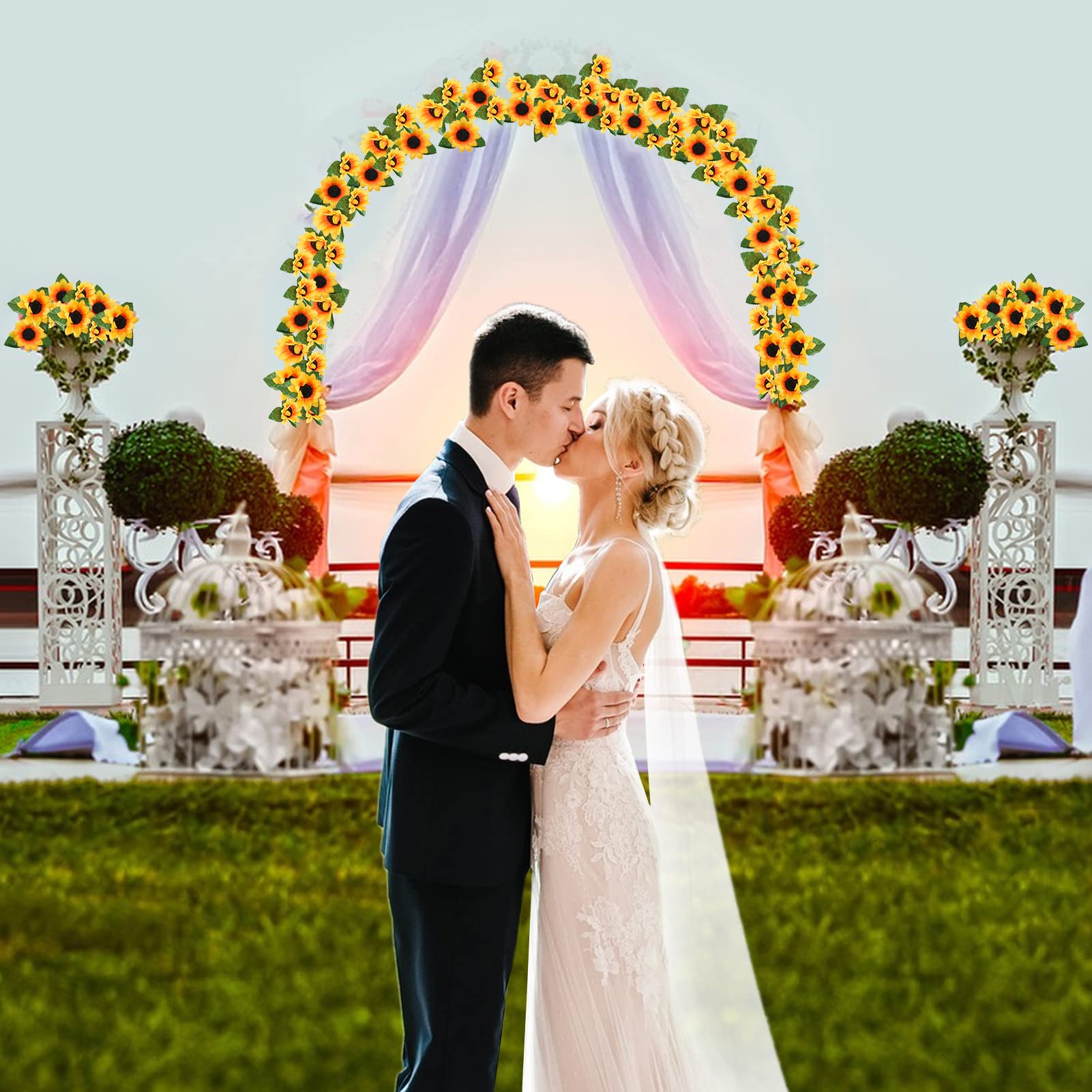 4 Stück künstliche Sonnenblumengirlande, hängende Seide, Sonnenblumen, Ranke mit grünen Blättern, hängende Blumengirlande für Zuhause, Hochzeit, Tischdekoration, Hintergrund