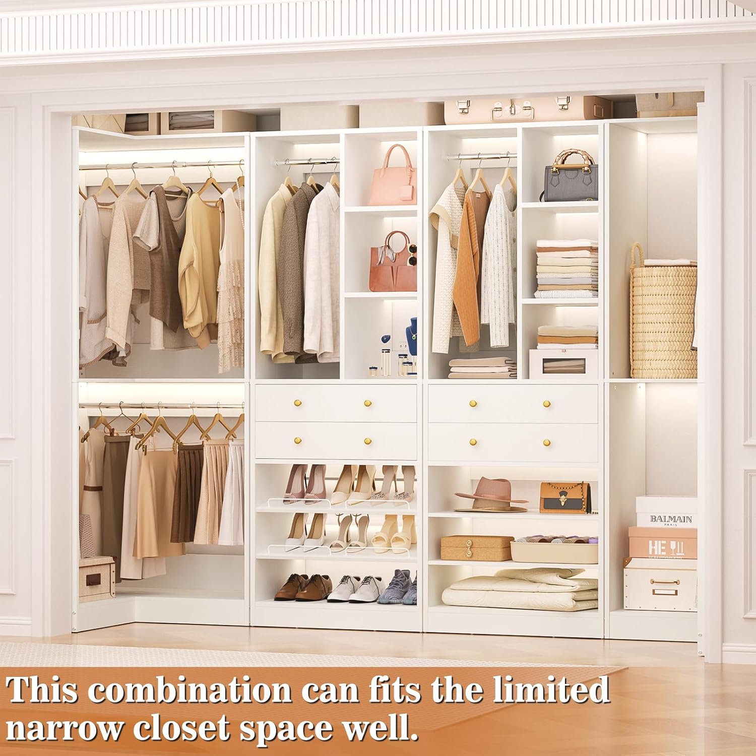 Corner Closet System with 2 Drawers, 3 Hanging Rods, 59.5" * 31.5" Closet Organizer System with Corner Tower, Reversible L Shaped Walk-in Closet System, Corner Closet System Set of 2, White