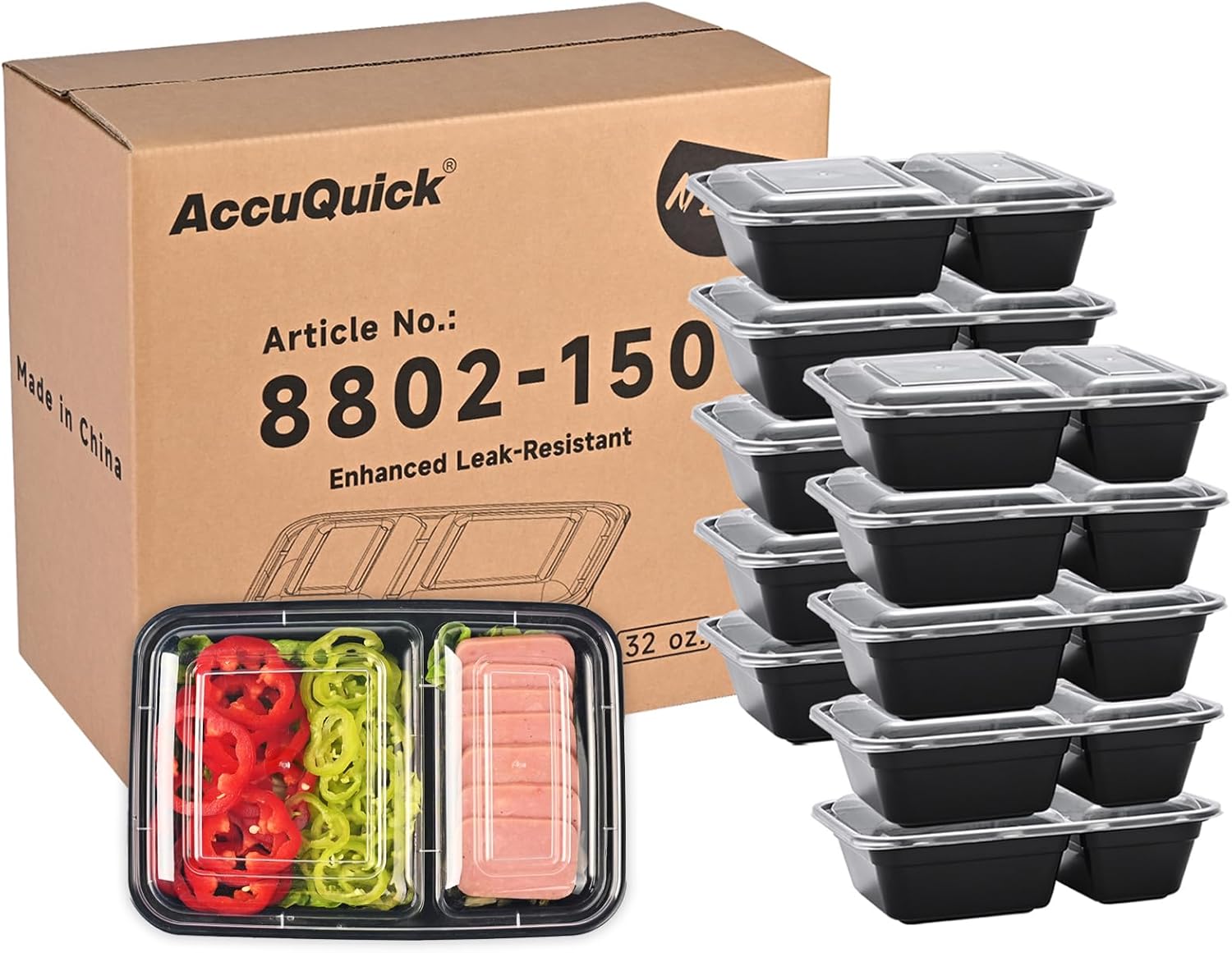 LOKATSE HOME Meal Prep Container Microwave Safe 150 Pack 2 Compartment with Lids, Stackable Bento Box, Food Storage Reusable, BPA Free, Freezer, Dishwasher Safe (32 oz)