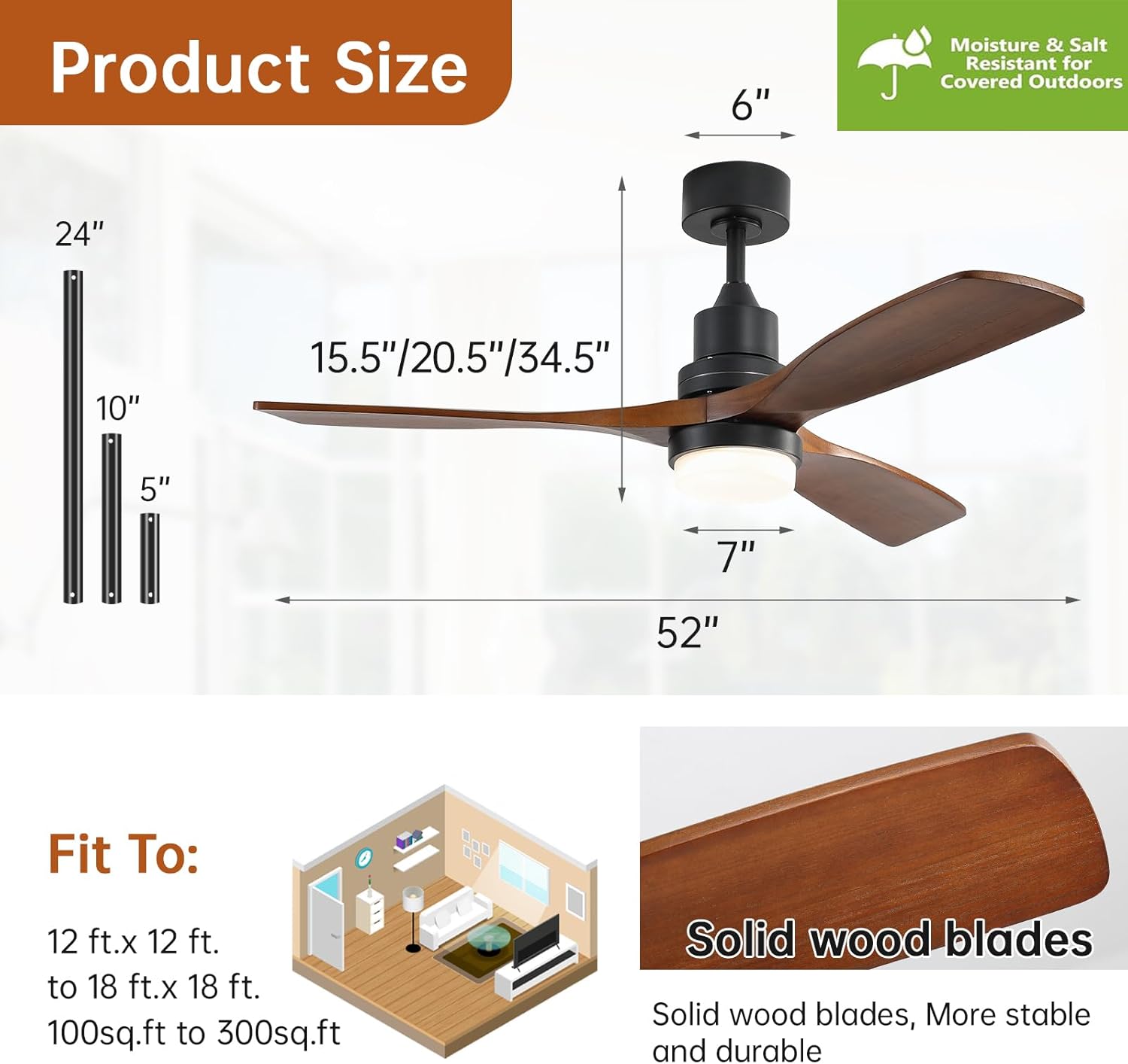 Sofucor 52 Inch Ceiling Fan with Light and Remote - 3 Solid Walnut Wood Blades, Quiet DC Motor, 6 Speeds 5000CFM, Dimmable 3-Color LED with Memory, Timer & Reversible for Indoor Outdoor, ETL