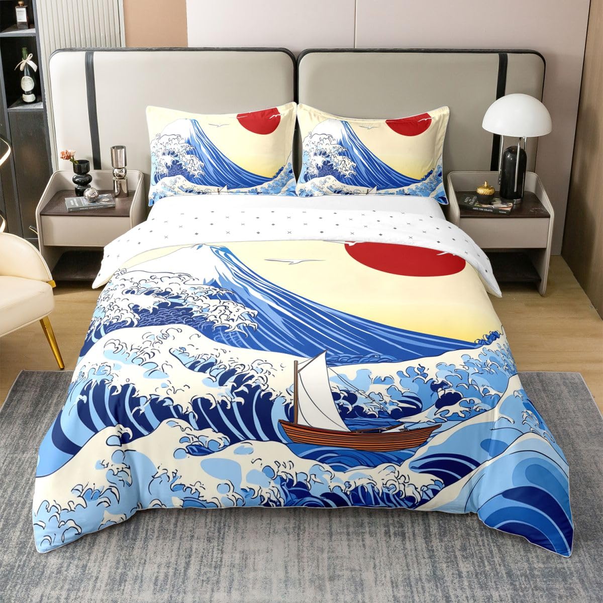 Parure de lit vague japonaise en coton pour une chambre style zen super king-size