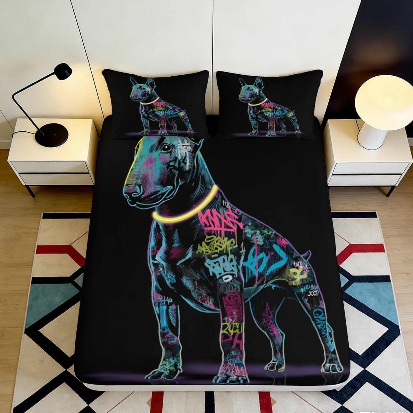 3D Printed Graffiti Bull Terrier Fitted Sheet Microfiber Mattress Cover, Anti-Slip, Machine Washable, Bedroom Decor 120x200x25cm