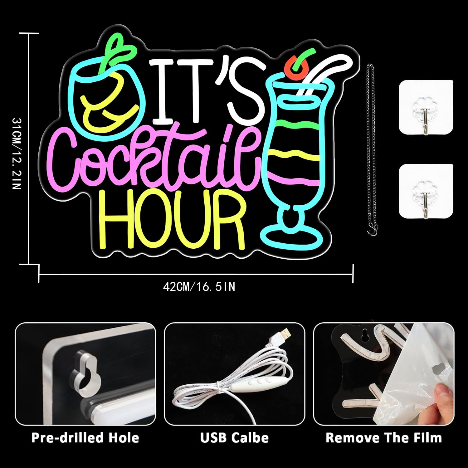 Cocktail Hour Insegna al Neon Luce al Neon per Bar Insegna al Neon Colorata per Cocktail Luci al Neon Dimmerabili USB per Cocktail, Casa, Bar, Club, Feste, Cucina, Hotel