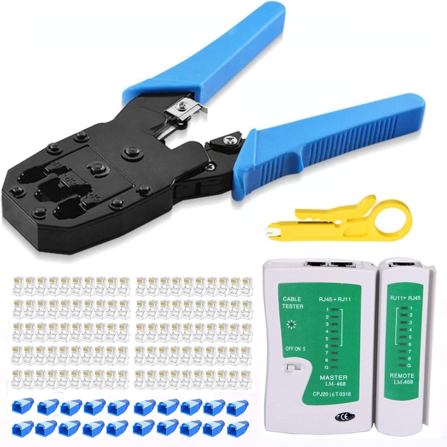 RJ45 Crimping Tool Kit, Crimping Tool rj45 Crimping Machine for Cat6A Cat5E Cat5 RJ45 Ethernet tool kit, 100PCS rj45 Connector, Network Lan Tester, Punch Down Tool,Cut and Strip Tool-image-22