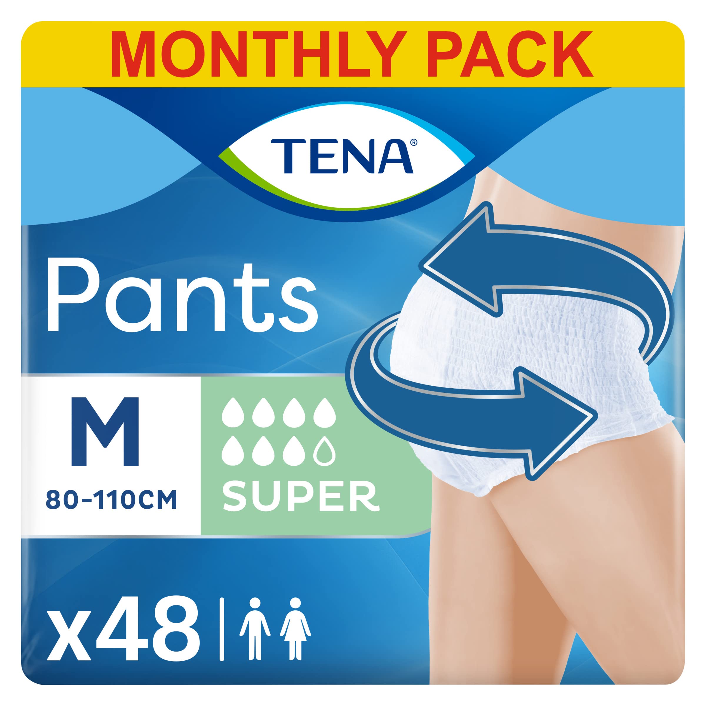 TENA Pants Super, 48 pairs of Unisex Incontinence Pants (4 x 12 packs) for Women and Men with Heavy Bladder Weakness, Medium