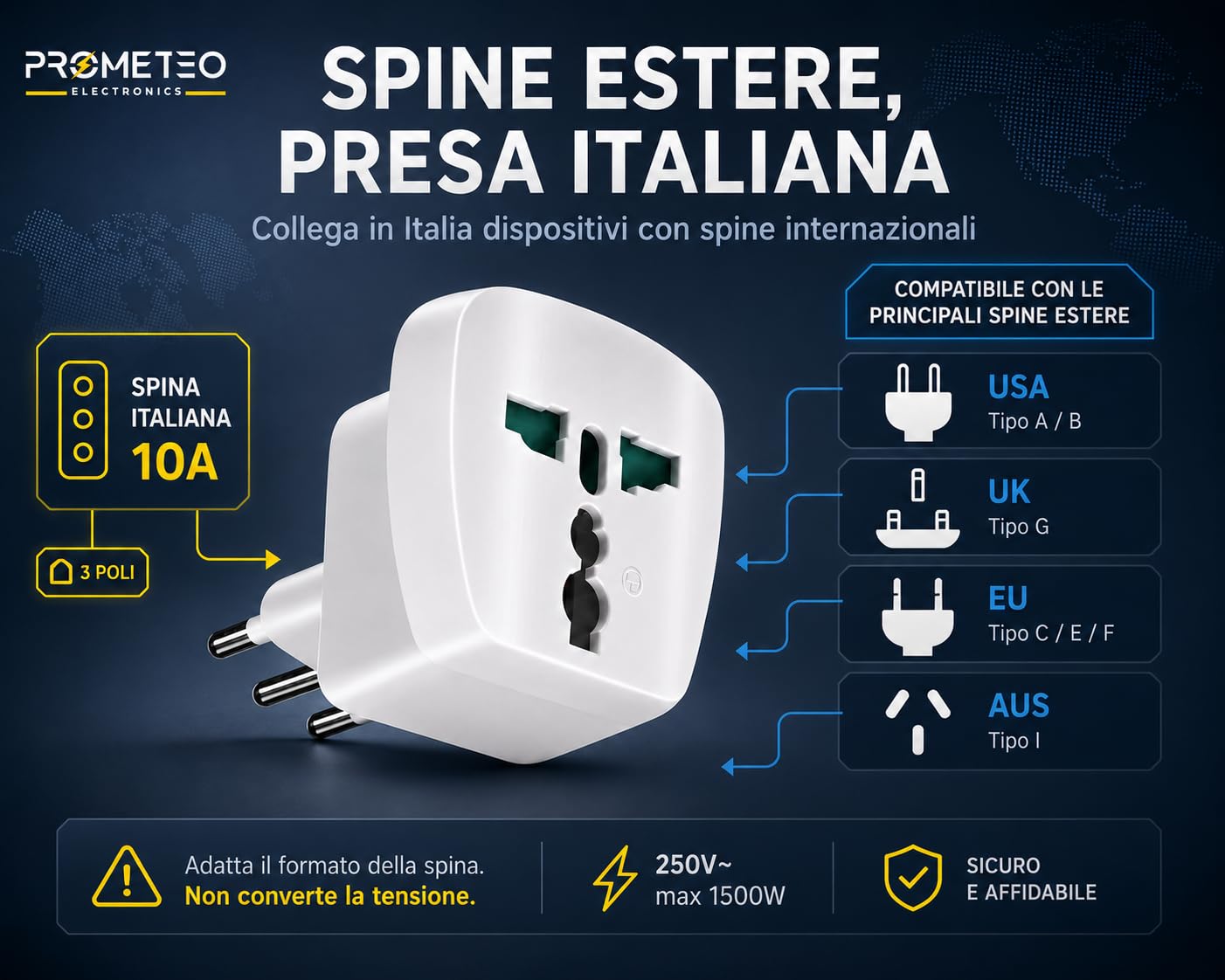 Set 6 Adattatore Universale da Viaggio Presa Mondo Spina Italiana 10A 1500W | Presa multistandard USA UK EU AUS Cina Giappone, per hotel B&B ospiti stranieri, compatto, non converte tensione