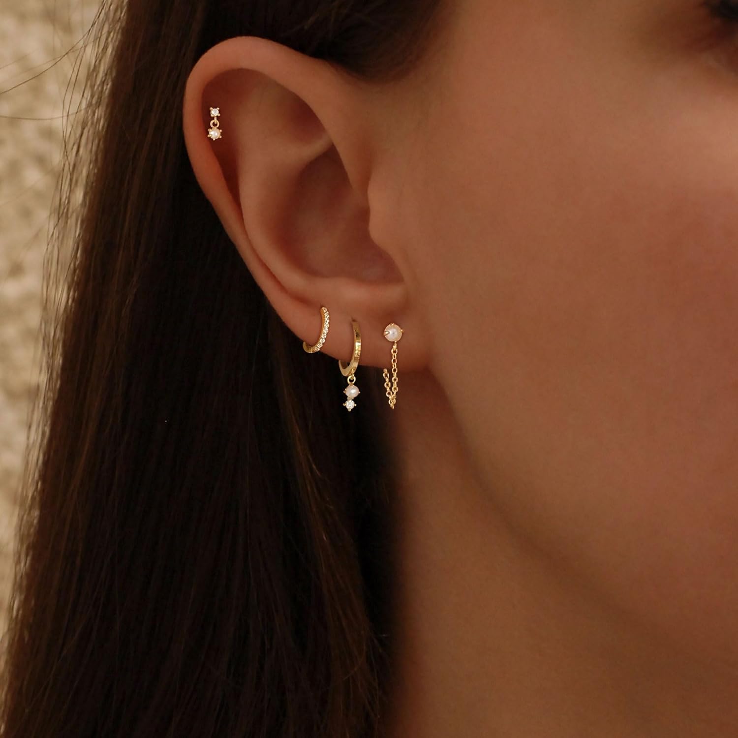 Gold Plated Earrings for Women, 14k Gold Plated Earring Stack Hypoallergenic Pearl Drop Earring Dainty Earrings for Women Trendy Cute Small Huggie Hoop Earring Fashion Womens Jewelry thumbnail