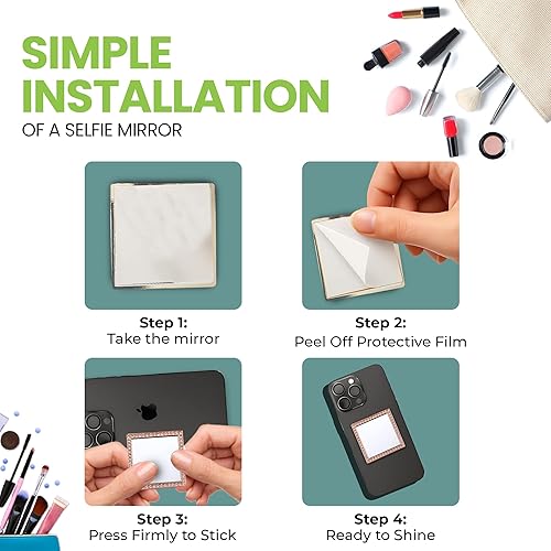 Miniatura 2 de Espejo de maquillaje con diamantes brillantes para funda de teléfono, color oro rosa, espejo de tocador adhesivo con piedras de circonita cúbica,