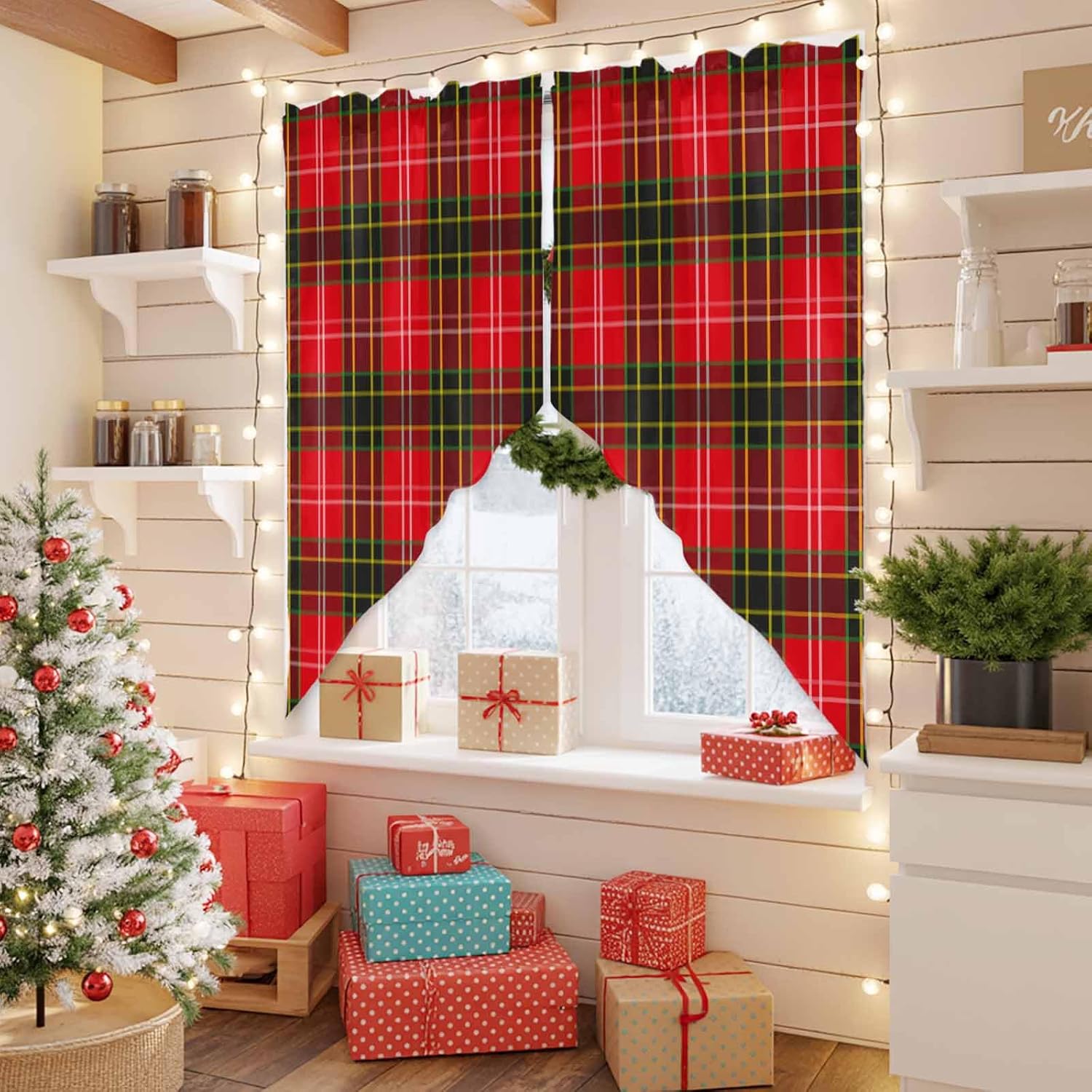 Christmas Green Red Tartan Buffalo Lattice Swag Curtain Valance - 2 Panels Rod Pocket Swag Topper Curtains,Vintage Chic Plaid Texture Window Treatment Tier for Kitchen Living Room Bedroom,36x63 Inch
