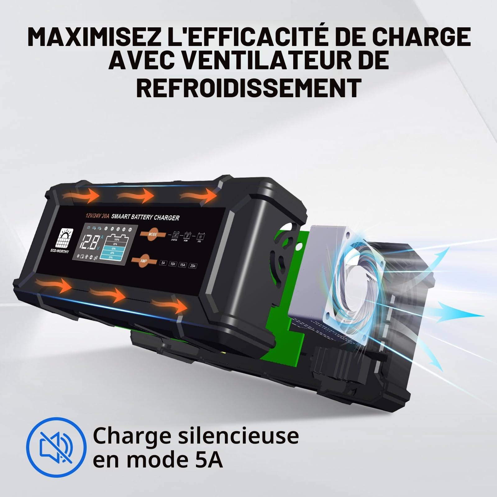 ECO-WORTHY Batterie Lithium 12V 100AH Bluetooth LiFePO4 12V avec Chargeur 12/24 V 20 A, Batterie Protection BMS Basse température pour Camping-Car, Bateau, Caravane