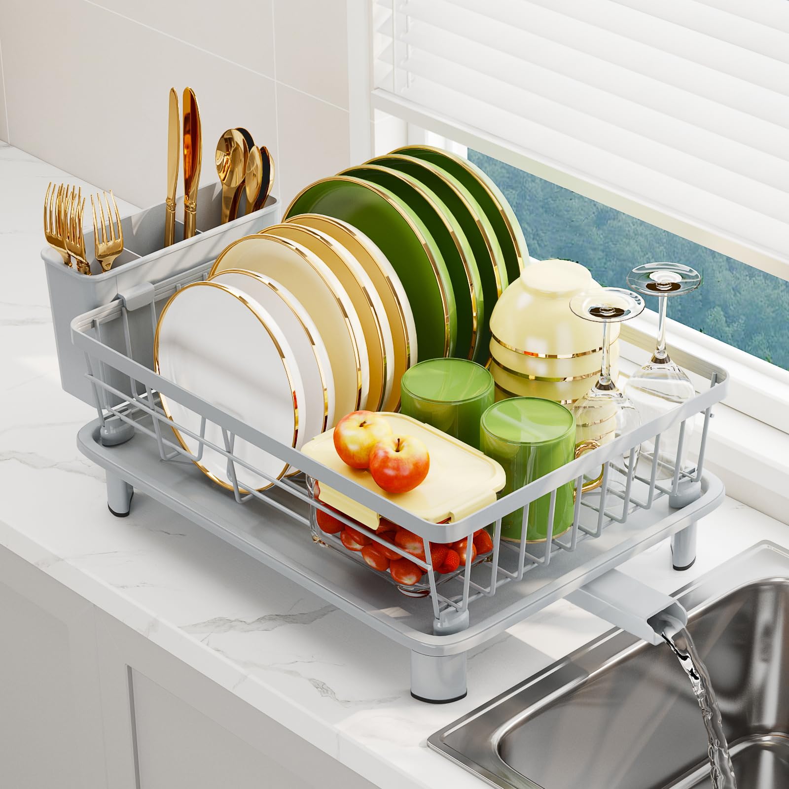 GHERISN Dish Drainer Rack with Drip Tray, Sink Dish Drainer with Drainage Spout, Stainless Steel Dish Drying Rack with Cups, Utensil & Cutting Board