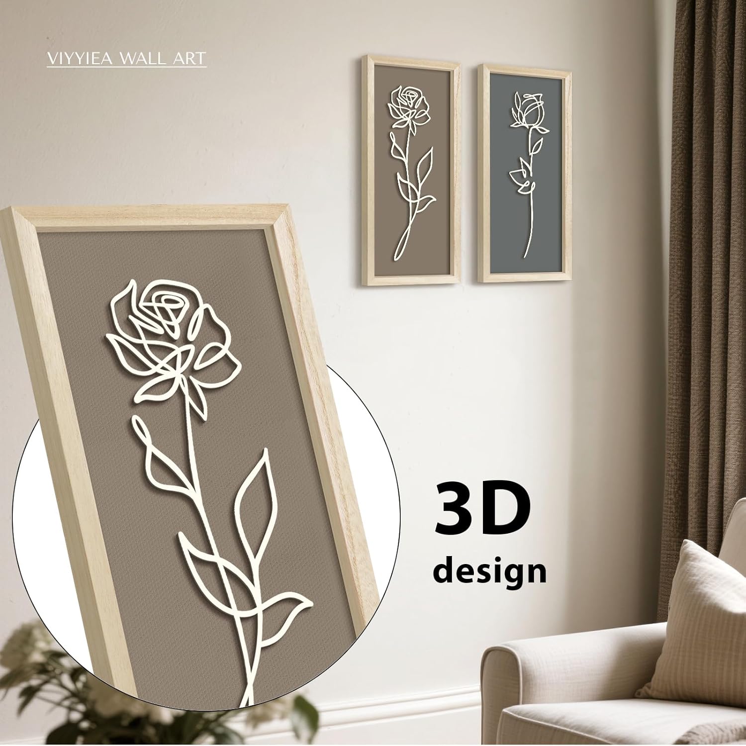 VIYYIEA Wooden 3d Floral Bathroom Wall Decor, Ready-to-Hang Framed Wall Art For Living Room, Bedroom and Office, Boho Botanical Farmhouse Decoration, Lightweight but Valuable Gift (7x16 In, set of 2)