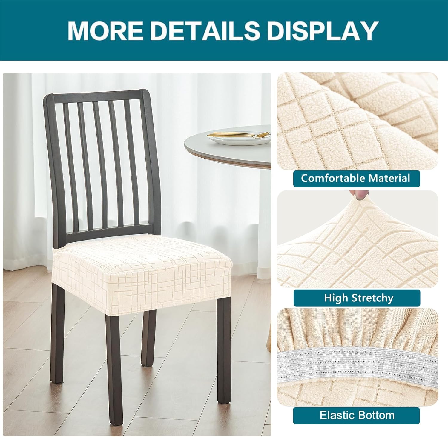 KRFOONN Stretch Seat Covers for Dining Room Chairs Set of 6 Jacquard No Rear Chair Covers Kitchen Chair Cover Removable Washable Chairs Seat Cushion Cover Chair Seat Slipcovers Protector, Beige