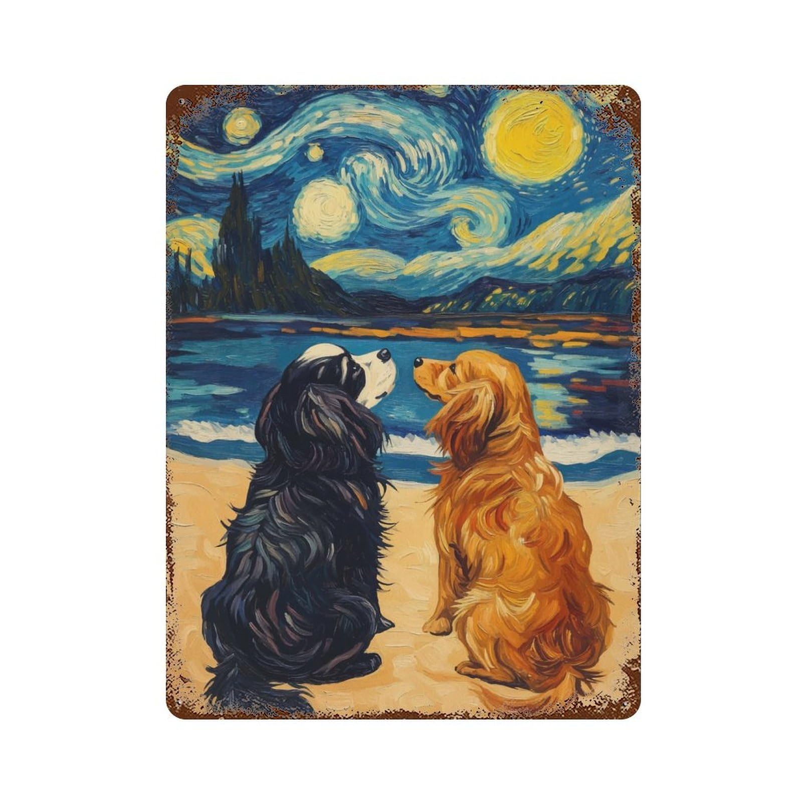 Rust Effect Starry Night Dogs Weathered Tin Sign 15.7"x11.8", Retro Wall Decor for Garage, Bar And Workshop Decor