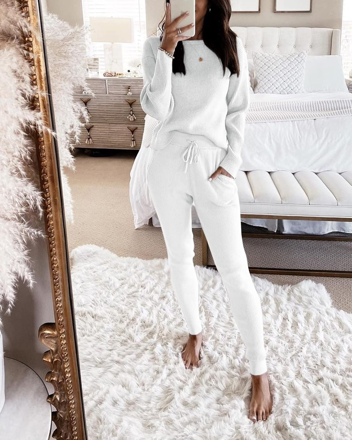 Eurivicy Women's Fall Rib Knit 2 Piece Outfit sets Long Sleeve Pullover Sweater Top and Drawstring Long Pants with Pockets - Image 2