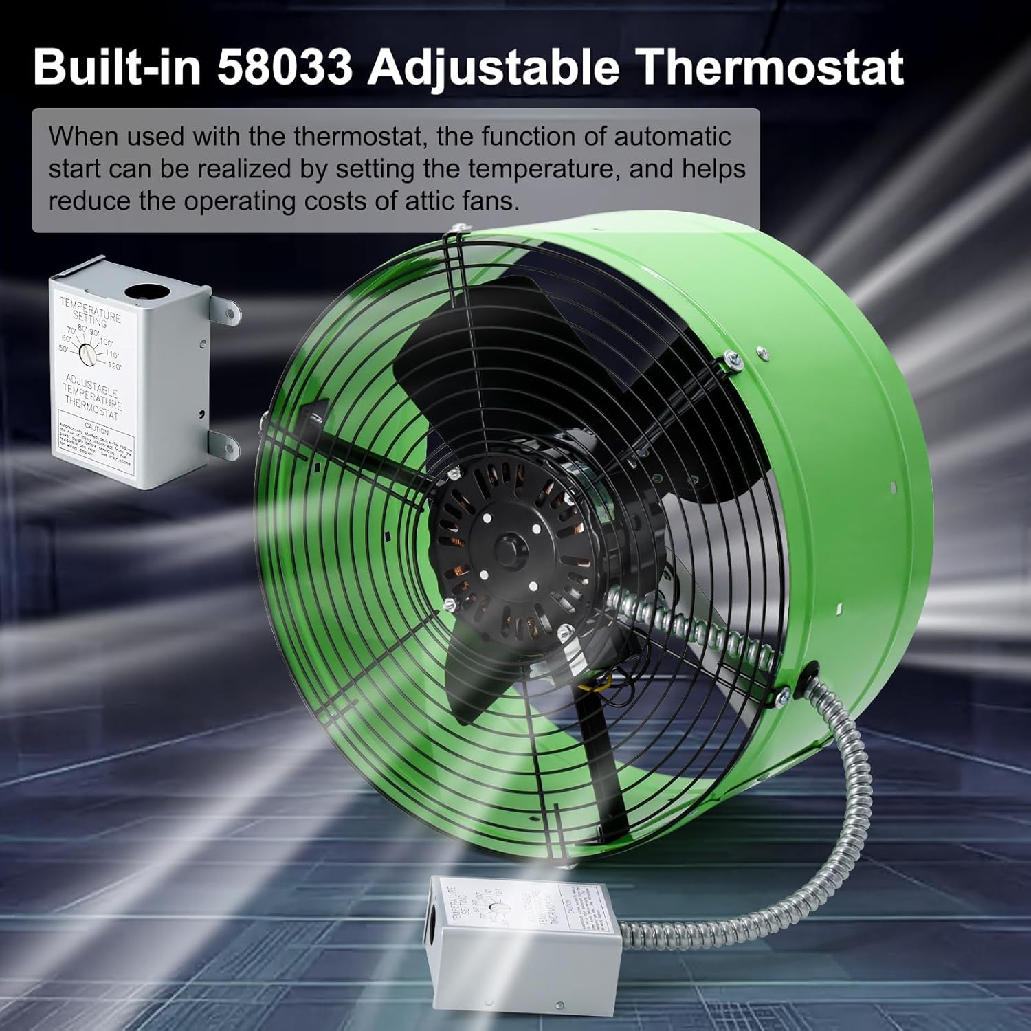 Criditpid 15" Gable Mount Vent Attic Fan for Gable, Home, Shed, Garage, Portable Building, Exhaust Ventilation Fan with Adjustable Thermostat 1650CFM, 1075RPM, 3.4A, 2500 Sq.Ft Coverage Area, Green.