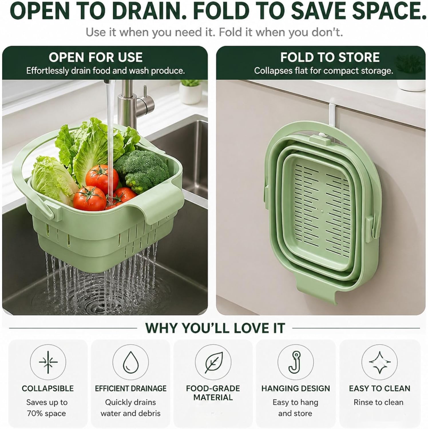 Foldable Hanging Sink Drain Basket Stretchable Kitchen Colander(Green)