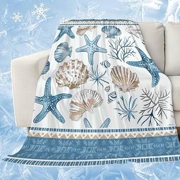 Ocean Cooling Blankets for Hot Sleepers Summer Ocean Starfish Seashell Coral Blue Geometric Striped Cooling Comforter Breathable Double Side Cool Lightweight Blanket for Bed Couch Sofa 50" x 60"
