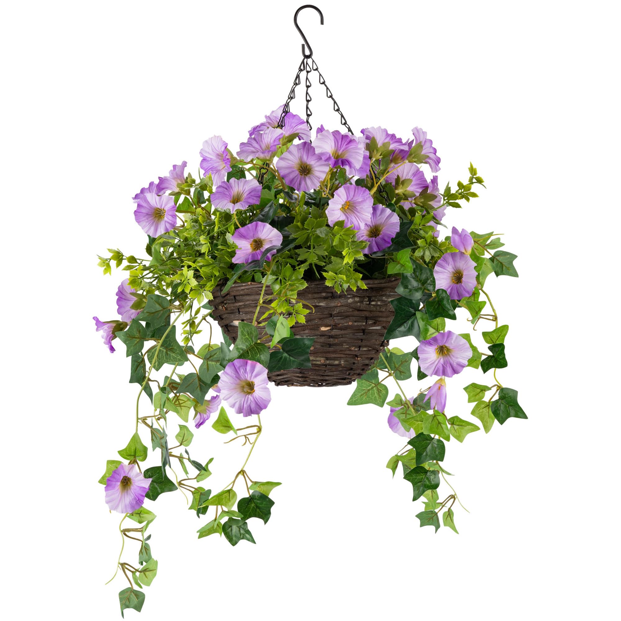 Christow Purple Artificial Petunia Hanging Basket – Ready To Hang Wicker Garden Planter With Flowers, Gypsophila & Ivy, Uv-Resistant Pe Leaves, Pre-Fitted Triple Steel Chain, 25Cm Basket Diameter
