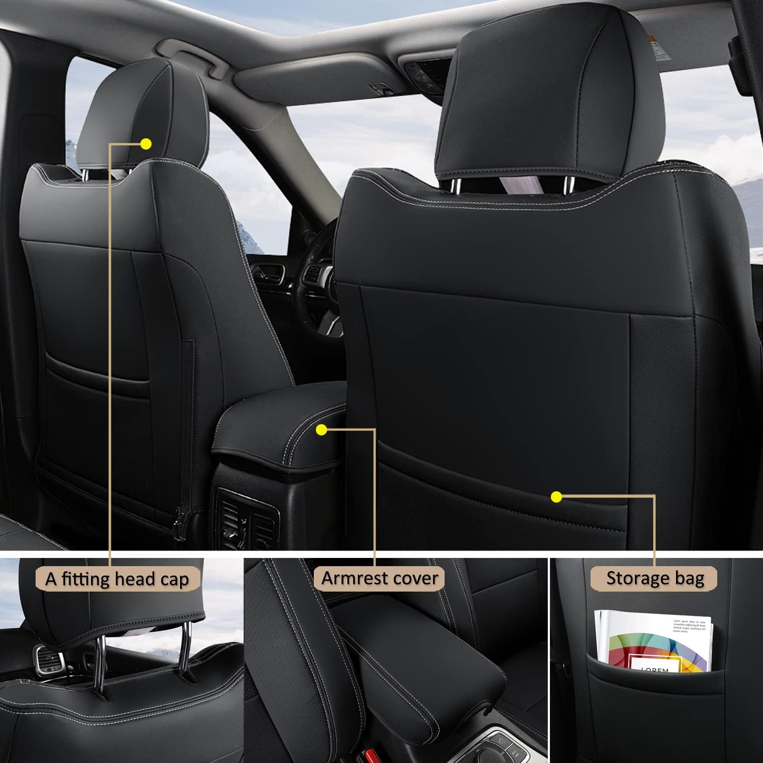 GIANT PANDA Full Set Car Seat Covers Custom Fit Jeep Grand Cherokee 2011 2012 2013 2014 2015 2016 2017 2018 2019 2020 2021, Faux Leather - (Black)