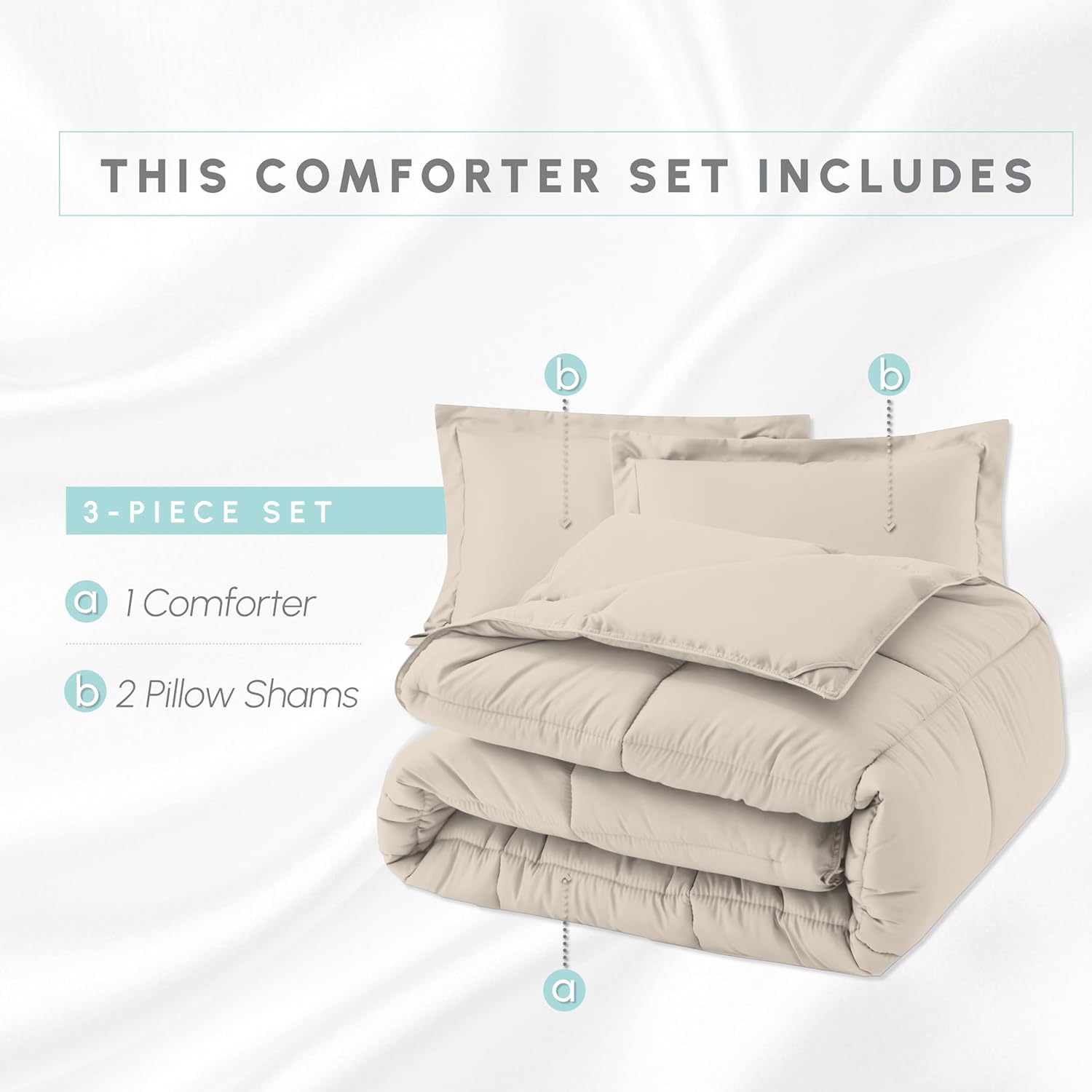 Elegant Comfort 3-Piece Box Stitched Down Alternative Comforter with Shams - Ultra Soft for All Season Duvet Insert with Corner Tabs, Plush Cozy 3PC Comforter Set, Twin XL, Linen