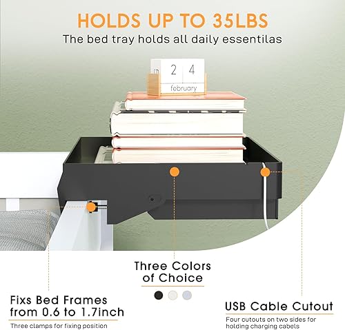 Miniatura 4 de SPACELEAD Estante de noche para cama  Mesita de noche con clip para dormitorio universitario con soporte para tazas, soporte para cable y cajón,